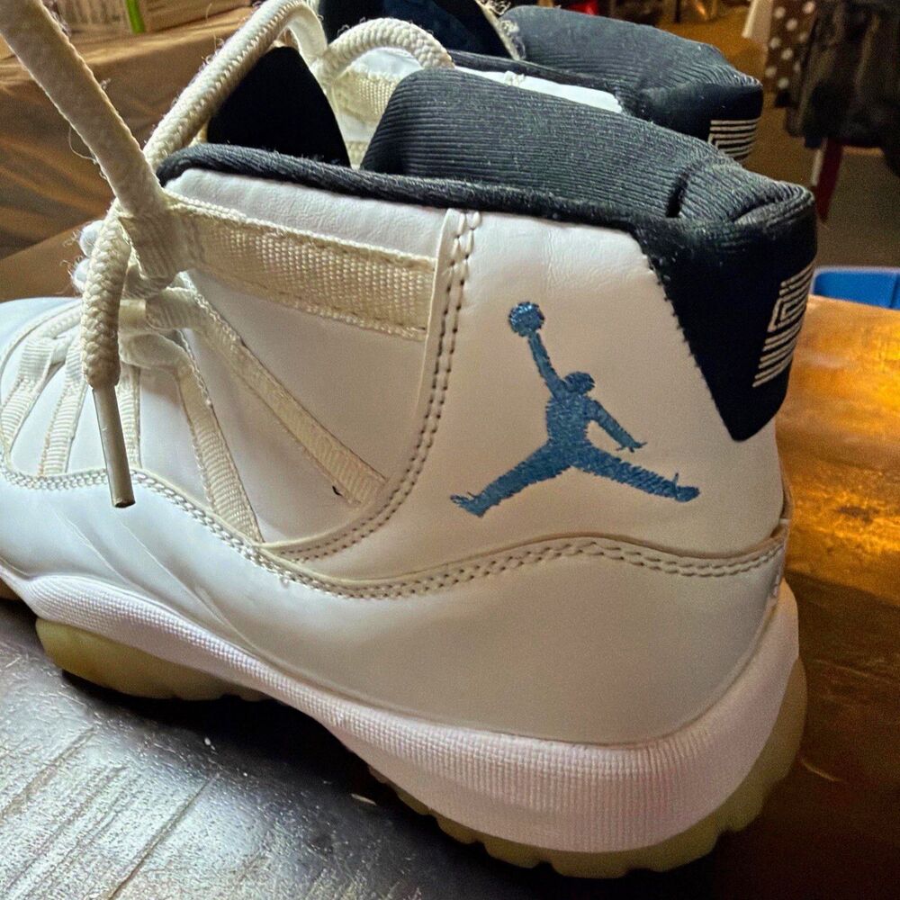 Jordan Air Jordan 11 White/Black/Blue Patent Leather Men's Mid-Top Sneakers